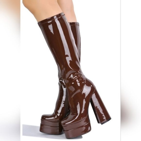 Mid Calf Platform Boots Square Toe Knee High Chunky Block Heel - Picture 2 of 4